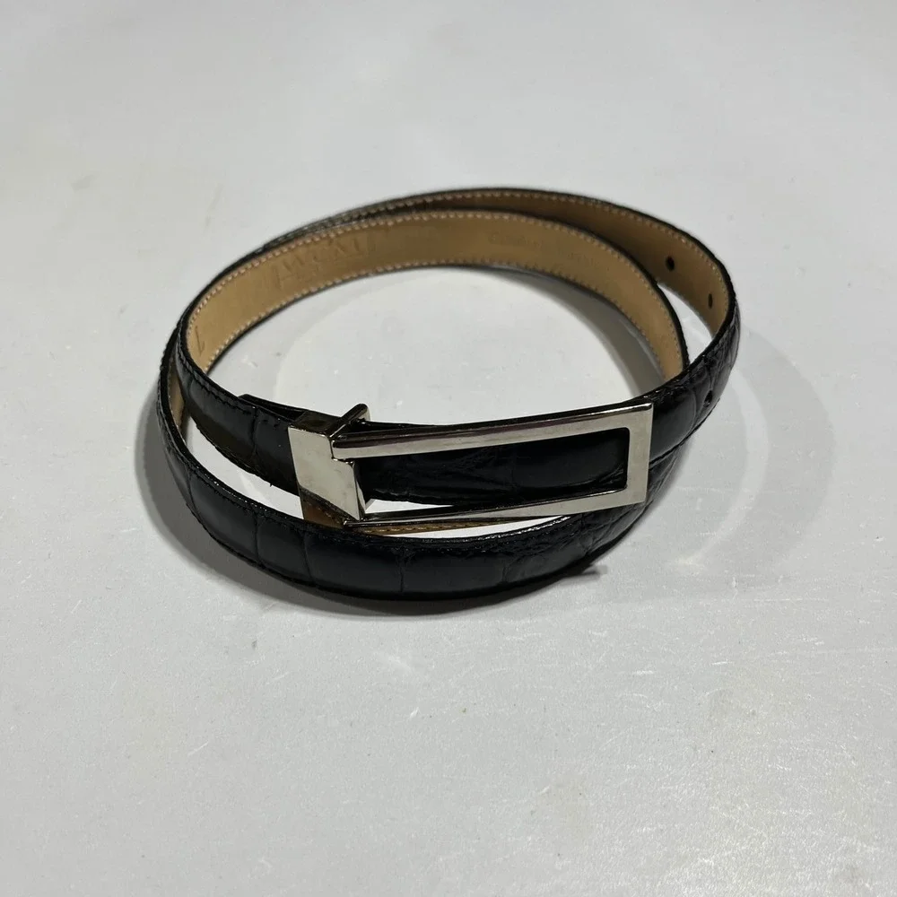 WCM New York Womens Black Genuine Italian Crocodile Leather Belt Silver Buckle L